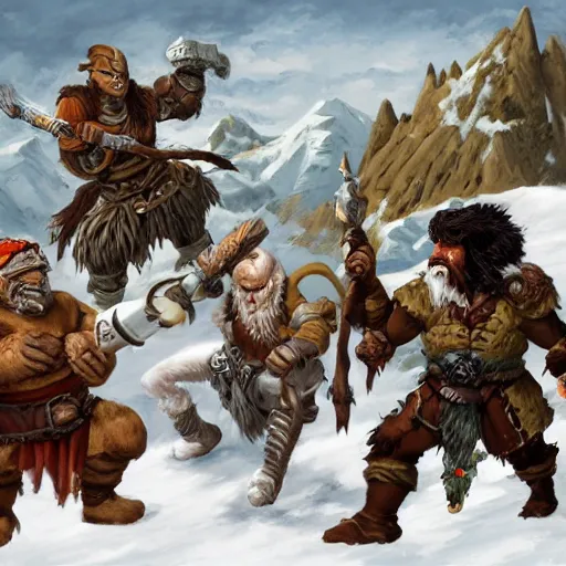 Image similar to an orc barbarian, gnome druid, halfling sorcerer, tabaxi monk, and warforged swashbuckler rogue fighting an adult white dragon on top of an ancient, ice covered fortress at the peak of a mountain, epic fantasy art wide angle, tony diterlizzi, lisa parker, selina fenech