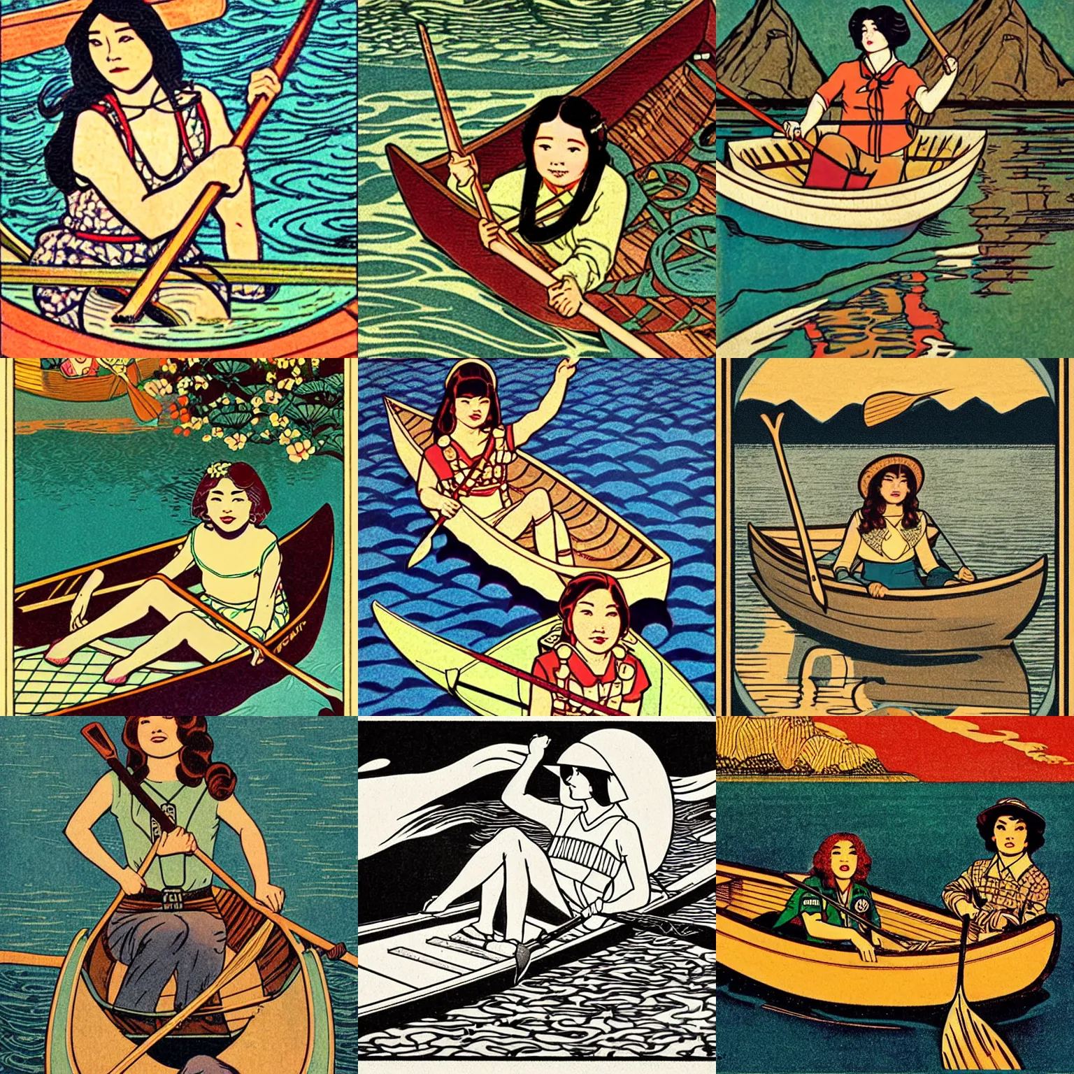 Prompt: pretty girl scout in a canoe during the year 1 9 1 3 by audrey kawasaki in the style of vintage comic book