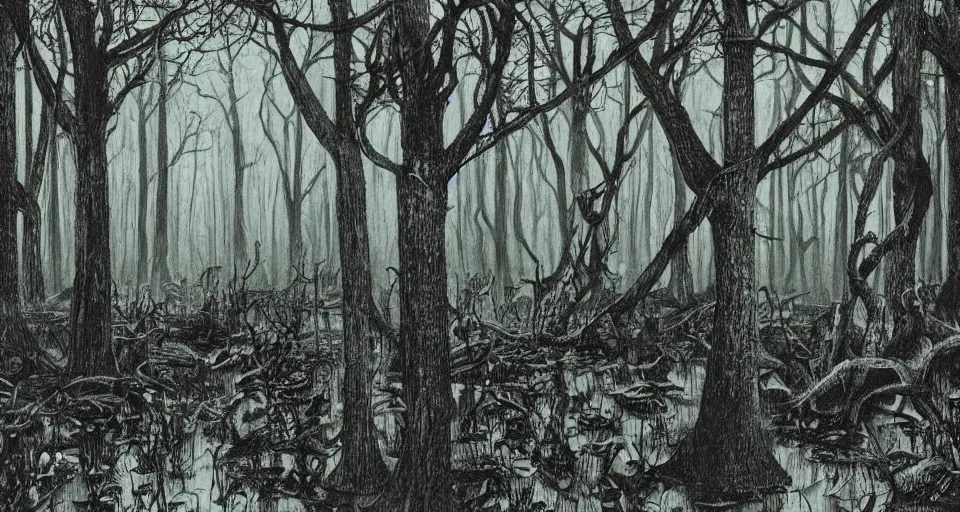Image similar to A dense and dark enchanted forest with a swamp, by Raymond Briggs