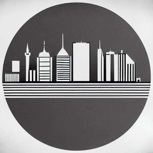 Image similar to a perfect circle where the inside is empty blank space and around the outer edge of the circle is the silhouette of a city skyline, black and white, minimalist, in the style of a line drawing