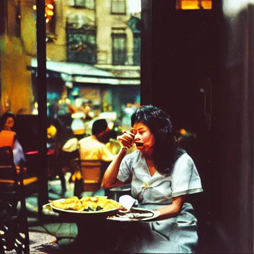 Prompt: A Filipino woman smoking outside a fancy restaurant, street photography, by Saul Leiter, Jamel Shabazz, Nan Goldin