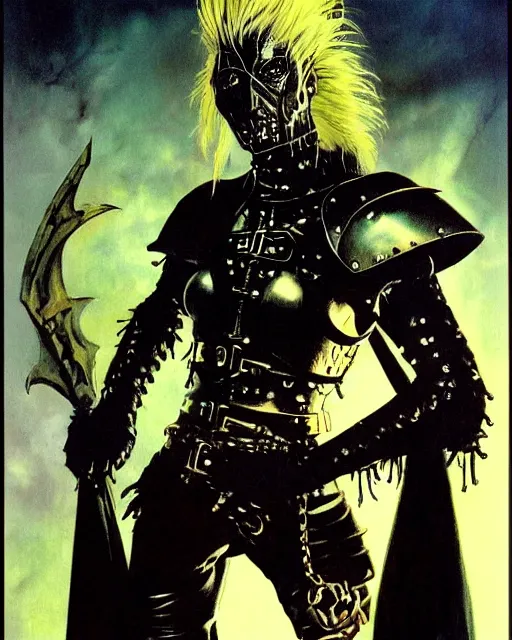 Prompt: portrait of a skinny punk goth wizard wearing armor by simon bisley, john blance, frank frazetta, fantasy, thief warrior 1 0 0 0