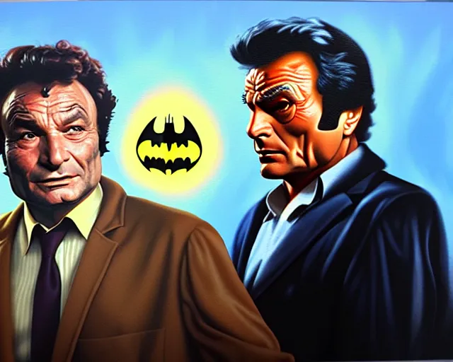 Image similar to peter falk's detective columbo meets adam west's batman, realistic, oil painting, hq scan, artstation trending