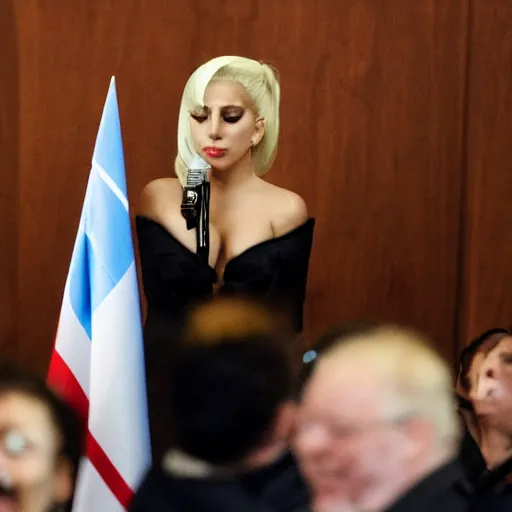 Prompt: Lady Gaga in the Argentine congress, Flags of Argentina behind, bokeh, detailed, hd, as Cristina Kirchner