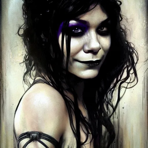 Image similar to beautiful portrait of vanessa hudgens as death from sandman, smiling, by cedric peyravernay, alphonse mucha, by jeremy mann, by lecouffe deharme, goth chic, soft lightning, eyeliner, punk rock, high detailed, 8 k