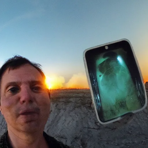 Image similar to selfie, radiation eats a ukrainian alive selfie a second before death, against the backdrop of a huge nuclear explosion from which the skin has already burned to the bone