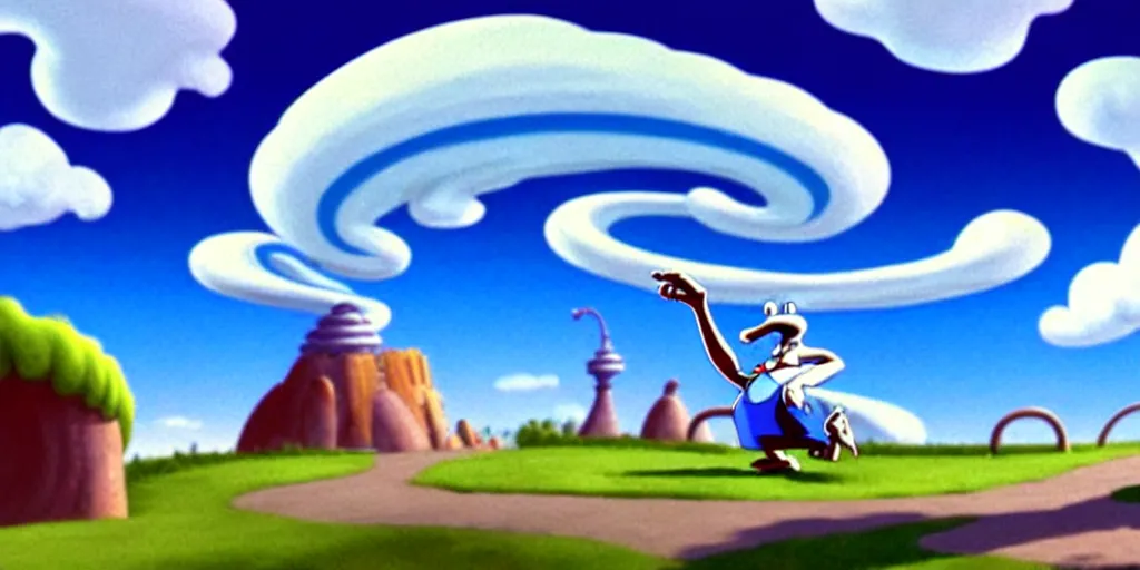 Prompt: cartoon concept art, clean blue sky, spiral clouds, from sam and max, from the hortons