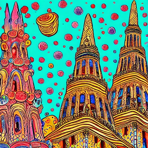 Image similar to psychedelic mole antonelliana in the style of robert crumb, with hallucinogenic mushrooms in the background, vivid colours