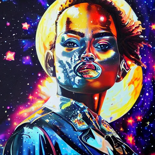 Prompt: painting of a character doing the moonwalk by Sandra Chevrier in a cosmic scenic environment, trending on Artstation, hyperdetailed, beautiful, stars, planets, nebula, medium shot, mid-shot