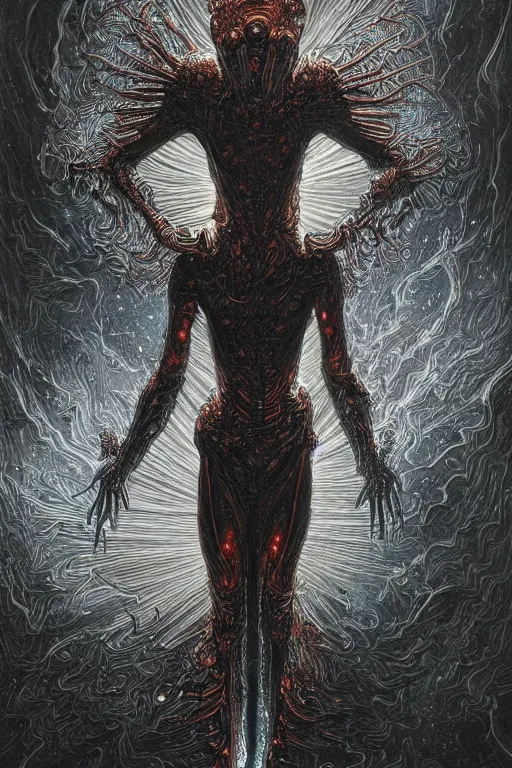 Prompt: a fire biomechanical dancer by artgem and les edwards, gustave dore, highly detailed, high contrast, light reflection, trippy, nebula, trending on artstation