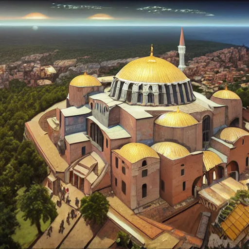 Prompt: a highly detailed painting of the hagia sophia and the done of the rock in a vaporwave style, ultrawide lense, aerial photography, unreal engine, exquisite detail, 8 k, art by greg rutkowski and alphonse mucha