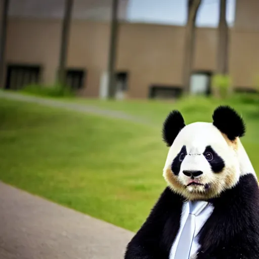 Prompt: panda wearing a suit and tie, ready for a meeting, close outdoors business portrait