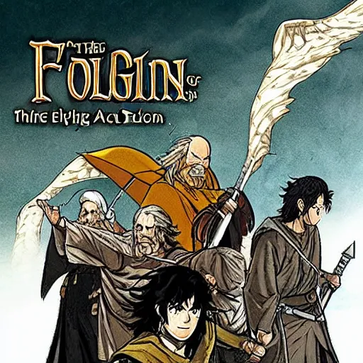 Prompt: the fellowship of the ring in the style of Akira manga epic action scene