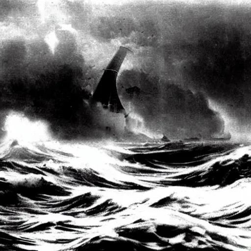 Prompt: giant anomalous creature in the middle of a violent stormy ocean being encountered by warship, 1900s photograph