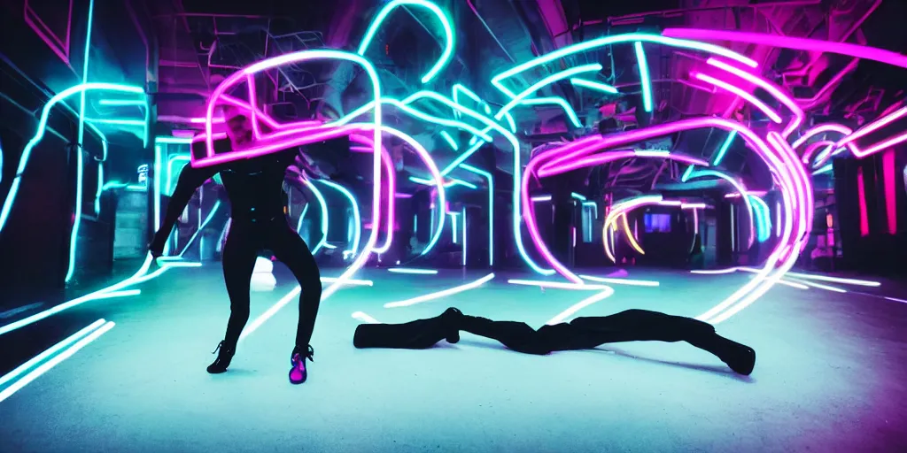 Image similar to break dancer wearing black latex with neon lights, long exposure shot, tron, cinematic view from lower angle, fog on the floor