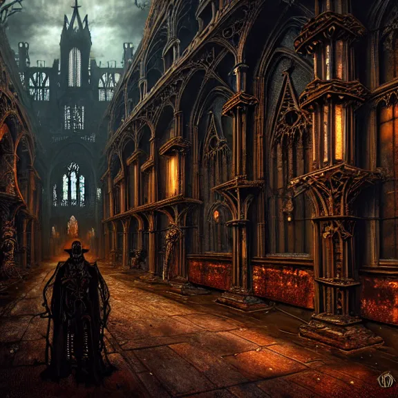 Image similar to steam necropolis, memento mori, gothic, neo - gothic, art nouveau, hyperdetailed copper patina medieval icon, stefan morrell, philippe druillet, ralph mcquarrie, concept art, steampunk, unreal engine, detailed intricate environment, octane render, moody atmospherics, volumetric lighting, ultrasharp, ominous, otherworldly