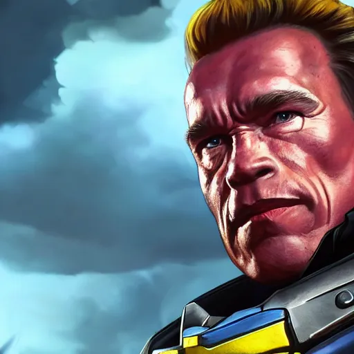 Image similar to a screenshot of arnold schwarzenegger as reinhardtin overwatch, portrait, fantasy, beautiful face, vivid colors, elegant, concept art, sharp focus, digital art, hyper - realistic, 4 k, unreal engine, highly detailed, hd, dramatic lighting by brom, trending on artstation