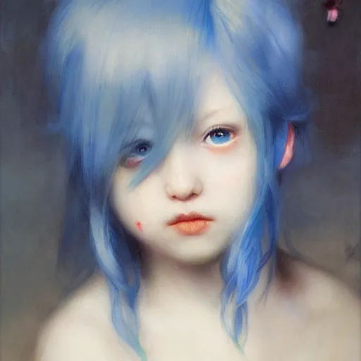 Image similar to little girl with blue hair. By Ruan Jia. Ayami Kojima. Masterpiece