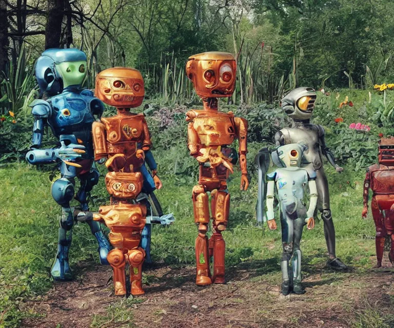 Image similar to 70mm film still from a sci fi blockbuster color movie made in 2019, set in 1860, of a human family standing in a park, next to some alien plants and flowers, their cute humanoid robot is standing next to them, on an alien planet, the family are all wearing 1850s era clothes, good lighting, good photography
