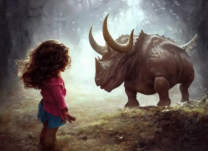 Image similar to a cute little girl with wavy curly brown hair meets a triceratops. beautiful painting by artgerm and greg rutkowski