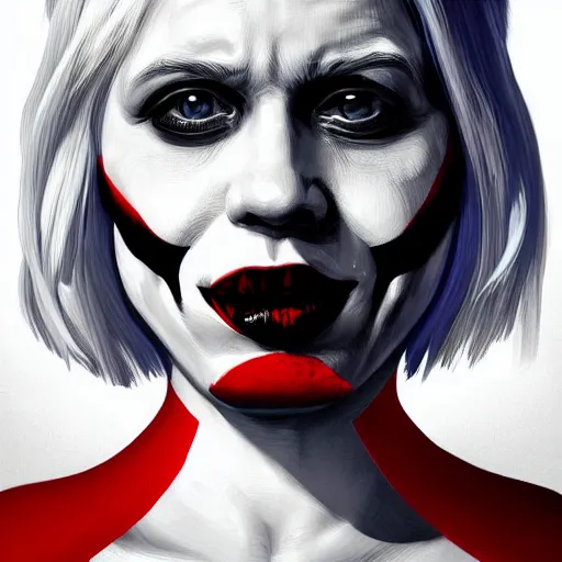 Prompt: Boris Johnson as Harley Quinn, highly detailed, digital painting, artstation, concept art, smooth, sharp focus, illustration, art by yoji shinakawa and frank miller, black and white, red