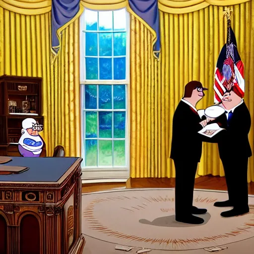 Image similar to peter griffin being sworn into the white house, realistic, beautiful composition, sharp focus, sharp focus