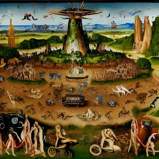 Image similar to all terrain vehicle race, in the style of the garden of earthly delights painting by jerome bosch