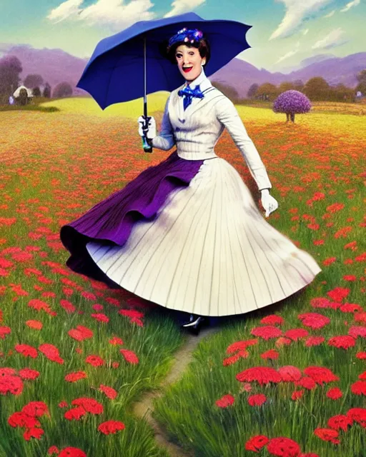 Image similar to Julie Andrews Mary Poppins from Disney 1964 dancing in a field full of flowers, wide-angle shot, D&D, fantasy, intricate, elegant, highly detailed, digital painting, artstation, concept art, matte, sharp focus, illustration, hearthstone, art by Artgerm and Greg Rutkowski and Alphonse Mucha