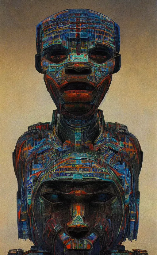 Image similar to portrait of mecha african tribal chief, insibidi symbols, symmetrical, dramatic lighting, colourful, art by zdzislaw beksinski,