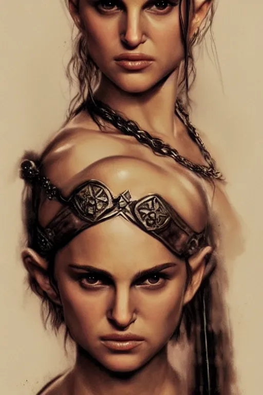 Image similar to young natalie portman, battle warrior, lord of the rings, tattoos, decorative ornaments, greg rutkowski, perfect face, fine details, realistic shading, photorealism