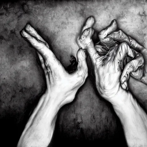 Prompt: the withered hand, a rotting severed hand, 5 fingers | black and white detailed art-piece | baroque artstyle |