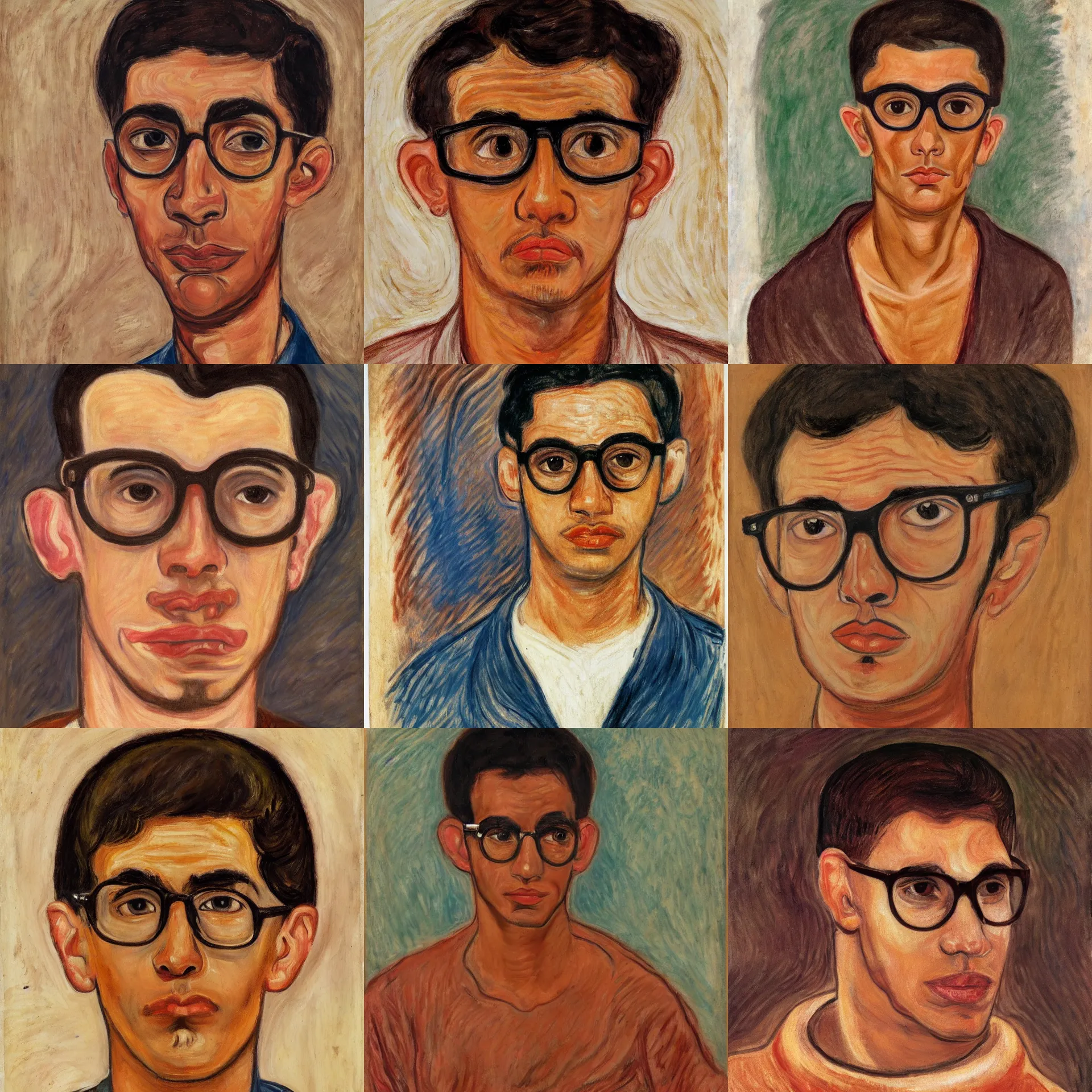 Prompt: 3 / 4 view portrait of a latino skinny young man, brown skin, wavy short hair, sad looking eyes, wearing glasses, straight nose, close up, light brown background, painted by edvard munch
