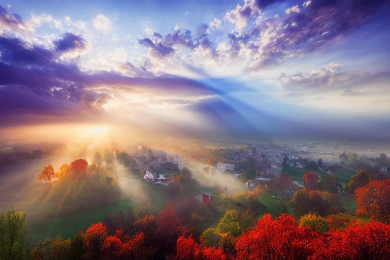 Image similar to landscape photography of bucharest by marc adamus, morning, mist, rays of light, beautiful