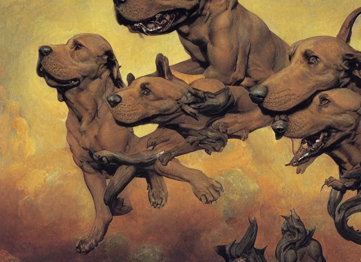 Image similar to hyperdetailed matte art of a three headed dog cerberus by william blake, ilya repin, amano, rene magritte, craig mullins, three headed dog cerberus, details