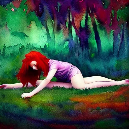 Image similar to “album cover very beautiful watercolor painting of redhead girl laying on a ground in a magic forest in a cyberpunk pixelsorting style”