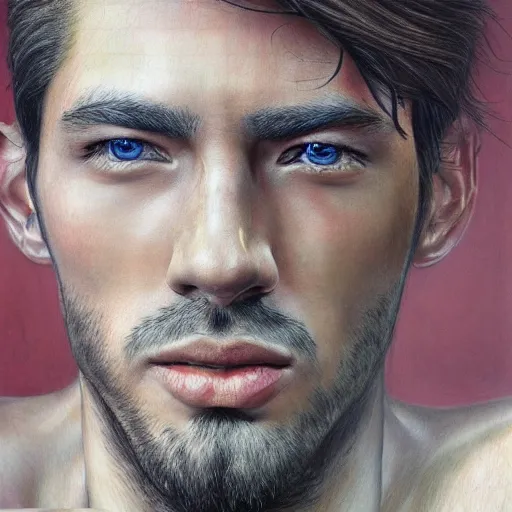 Prompt: Intricate five star Handsome model facial portrait by Monica Lee, Colored pencil on paper, high detail, skin texture, photo realistic, hyperrealism,matte finish, high contrast, 3d depth, masterpiece, vivid colors, artstationhd