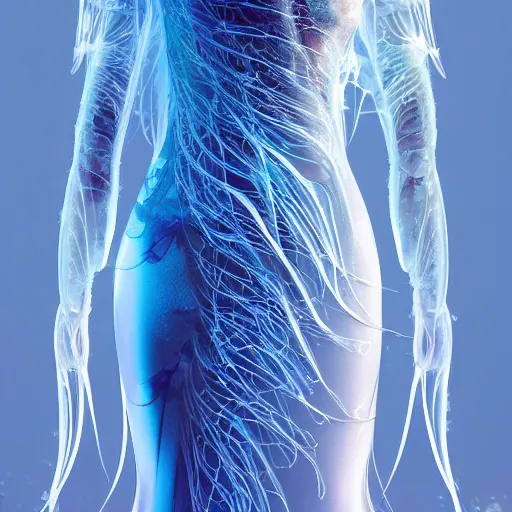 Image similar to a beautiful dress, jellyfish theme, transparent, blue gradient, complex details, exquisite structure by tooth wu and wlop and beeple and greg rutkowski