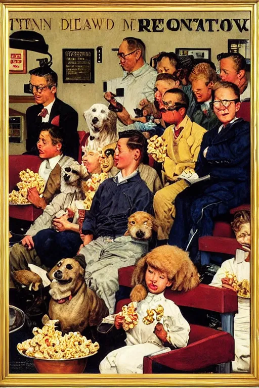 Prompt: ten dogs watching a movie at movie theater eating popcorn painted by norman rockwell