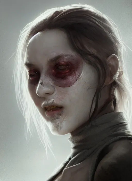 Image similar to portrait of sinister girl with thin evil lips, skeksis, battle worn, bandaged nose, expressive eyes, fullbody, translucent skin, procedural rendering, greg rutkowski, charlie bowater, yuumei, yanjun cheng, unreal 5, daz, hyperrealistic, octane render, rpg portrait, dynamic lighting, fantasy art, beautiful face