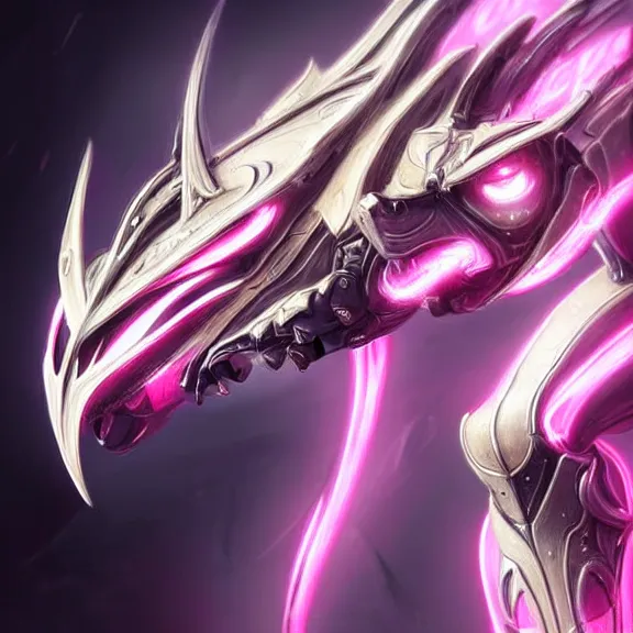 Image similar to highly detailed exquisite fanart, of a beautiful female warframe, but as an anthropomorphic elegant robot female dragon, shiny and smooth off-white plated armor engraved, robot dragon head with glowing eyes, Fuchsia skin beneath the armor, sharp claws, long sleek tail behind, robot dragon hands and feet, standing elegant pose, close-up shot, full body shot, epic cinematic shot, professional digital art, high end digital art, singular, realistic, DeviantArt, artstation, Furaffinity, 8k HD render, epic lighting, depth of field