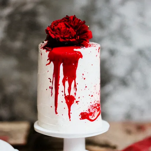 Prompt: 4 stage wedding cake knife slice with blood dripping from the slice in a salvador dali style