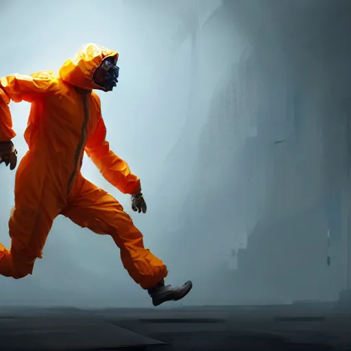 Prompt: commission of a man in an orange hazmat suit running from a mutant in a laboratory ,character design by charles bowater,greg rutkowski,ross tran,hyperdetailed,hyperrealistic,4k,deviantart,artstation,professional photography,concept art