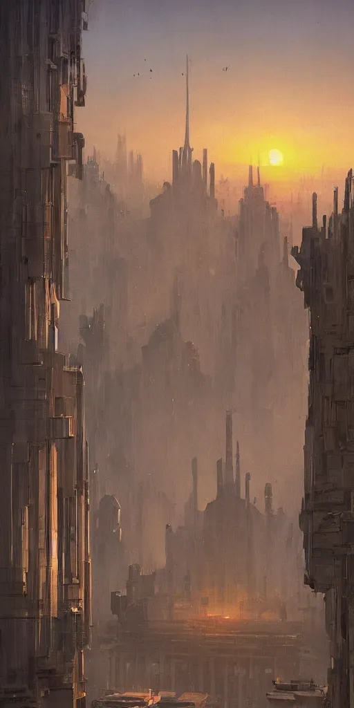 Prompt: greg rutkowski, morning sunrise over highly detailed artdeco palace