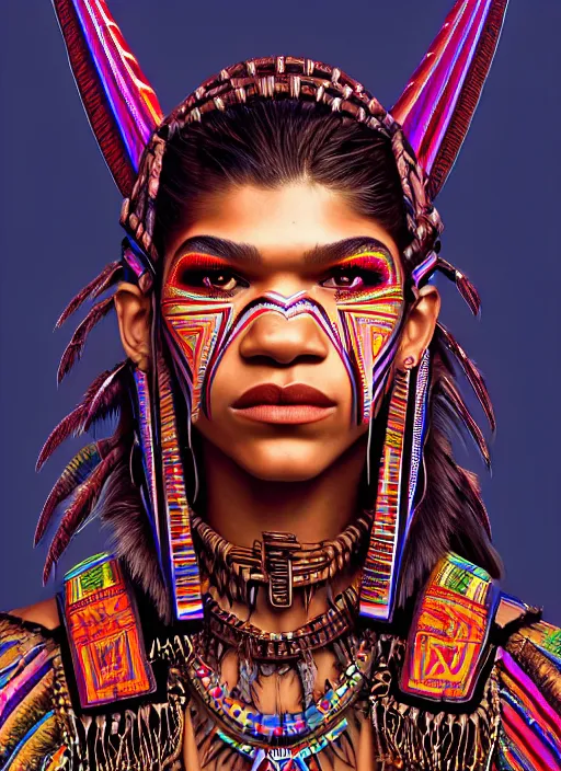 Prompt: portrait of zendaya, hyper detailed ultra sharp aztec shaman warrior. trending on artstation, warpaint aesthetic, bloodwave, colorful, psychedelic, ornate, intricate, digital painting, concept art, smooth, sharp focus, illustration, art by artgerm and greg rutkowski and h. r. giger, 8 k