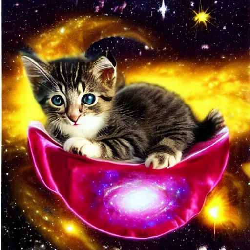 Prompt: a kitten wearing a cape floating through space surrounded by floating recliner chairs, galaxies, dramatic lighting, stars, suns, spirals