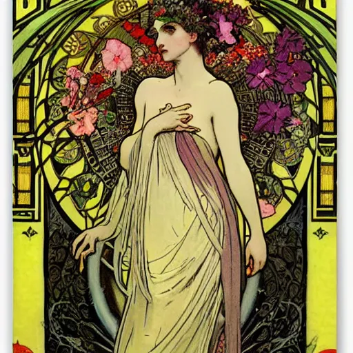 Image similar to persephone as goddess of death, flowers, dark, evil, painted by alphonse mucha