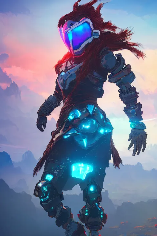 Image similar to combination suit armor aloy horizon forbidden west horizon zero dawn radiating a glowing aura global illumination ray tracing hdr fanart arstation by ian pesty and alena aenami artworks in 4 k tribal robot ninja mask helmet backpack