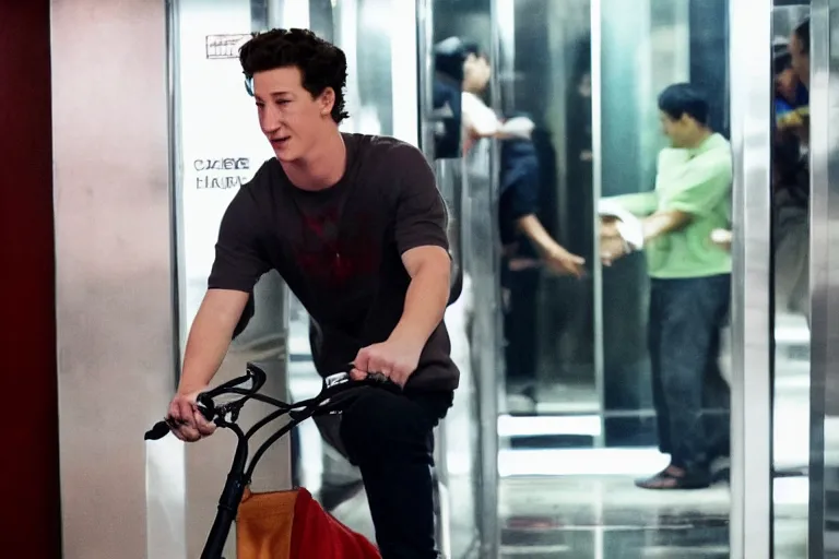 Prompt: miles teller in a bangkok elevator hula hopping while eating stawberries on a bike