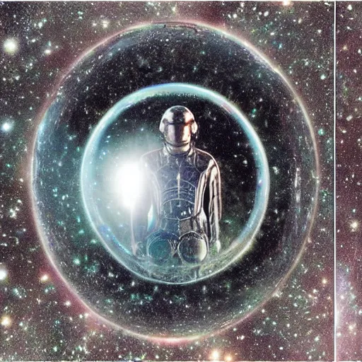 Prompt: ”ancient astronaut in a bubble floating into a mysterious vortex in a strange galaxy, [epic, aweinspiring, otherwordly, detailed, realistic]”