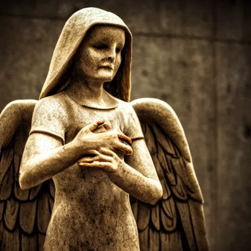 Image similar to angel of death offering a hand in the dark with sympathetic smile high quality, realistic, tilt shift